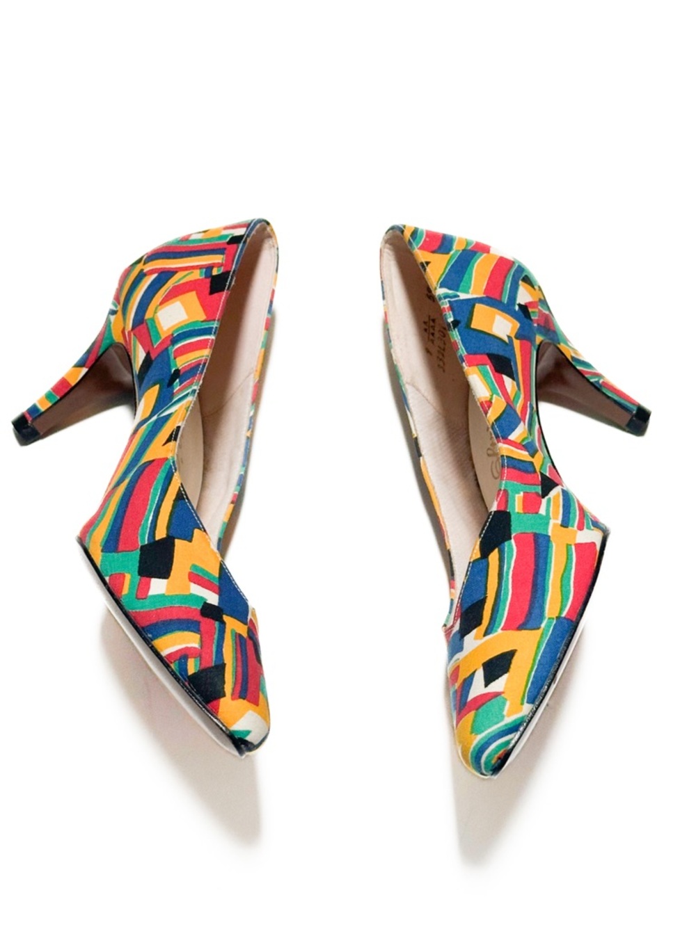 Vintage 80’s Life Stride Abstract Geometric Primary Colors Fabric Kitten Heels